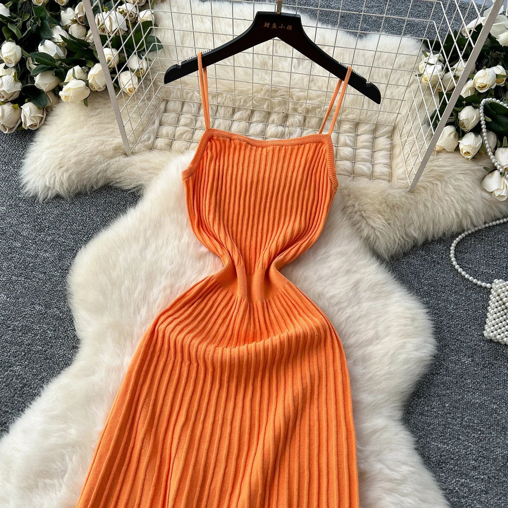Elegant Knitted Pleated Long Dress with High Waist Midi Design Sleeveless Yellow and Black Bodycon Style for Women Streetwear