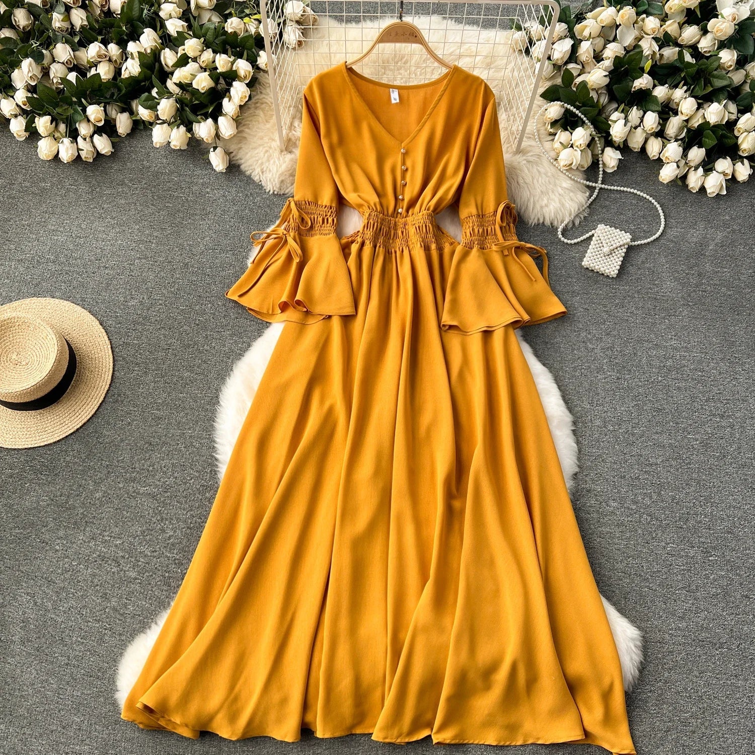 Elegant Pleated Maxi Dress for Women with V-Neck Flare Sleeves and Ruffled Details in Vibrant Purple Green or Red Perfect for Summer Occasions