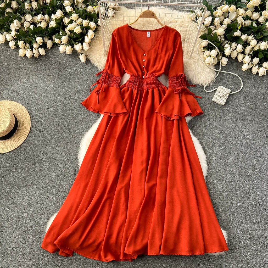 Elegant Pleated Maxi Dress for Women with V-Neck Flare Sleeves and Ruffled Details in Vibrant Purple Green or Red Perfect for Summer Occasions