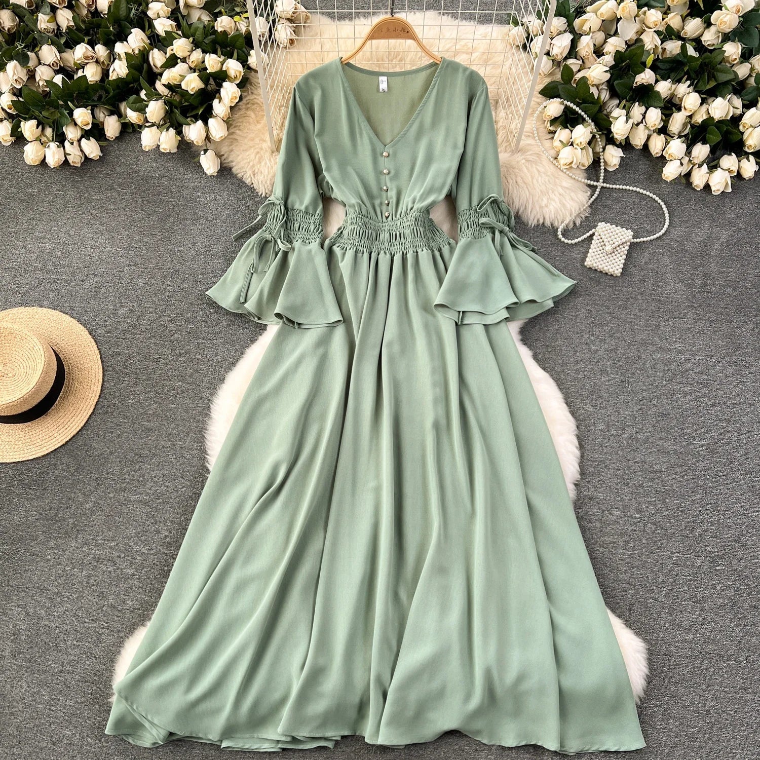 Elegant Pleated Maxi Dress for Women with V-Neck Flare Sleeves and Ruffled Details in Vibrant Purple Green or Red Perfect for Summer Occasions