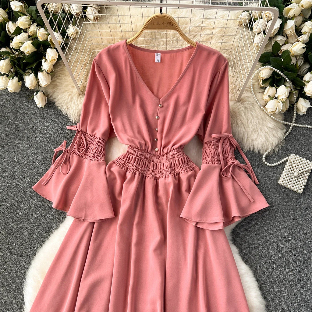 Elegant Pleated Maxi Dress for Women with V-Neck Flare Sleeves and Ruffled Details in Vibrant Purple Green or Red Perfect for Summer Occasions