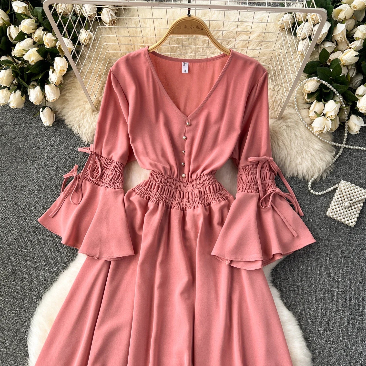 Elegant Pleated Maxi Dress for Women with V-Neck Flare Sleeves and Ruffled Details in Vibrant Purple Green or Red Perfect for Summer Occasions