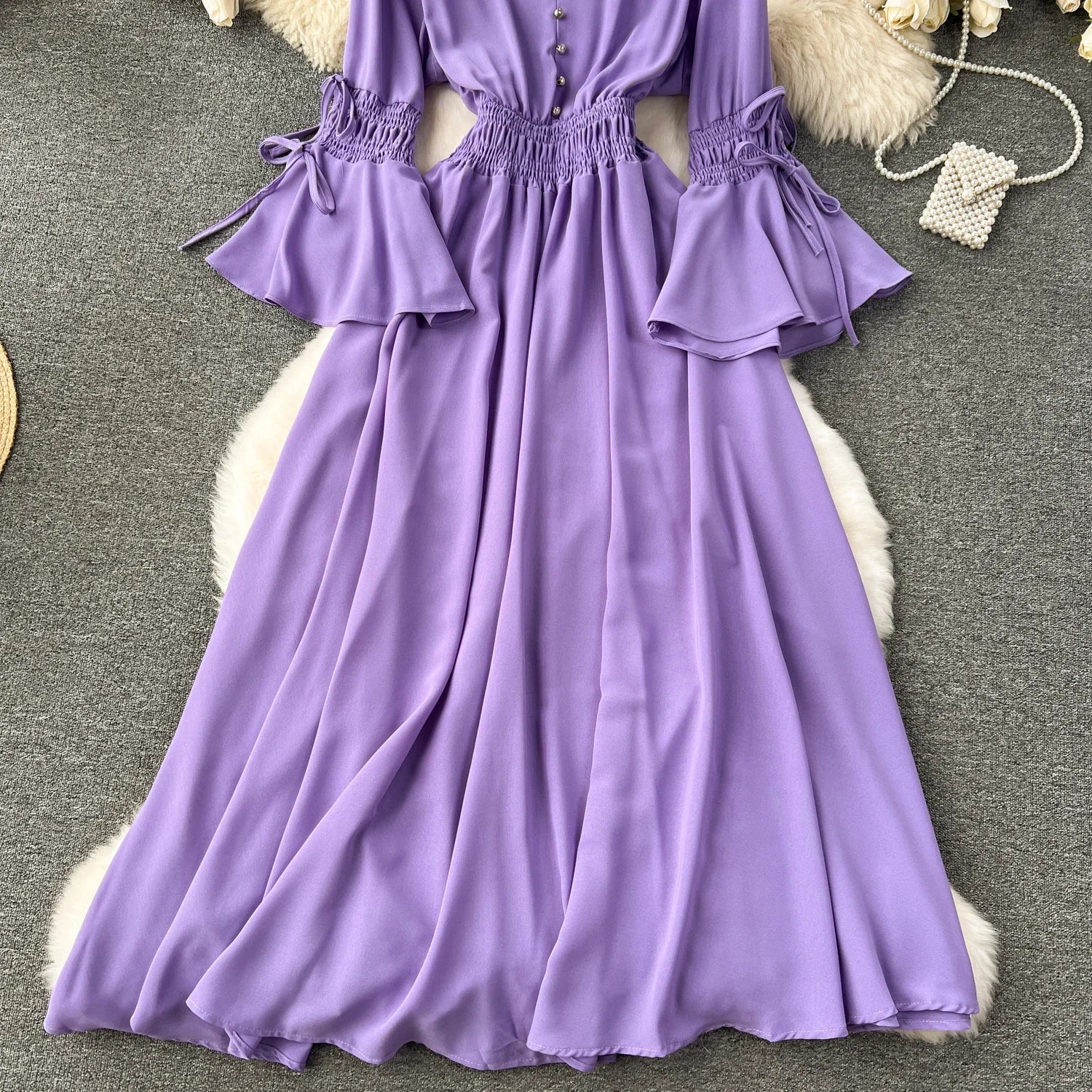 Elegant Pleated Maxi Dress for Women with V-Neck Flare Sleeves and Ruffled Details in Vibrant Purple Green or Red Perfect for Summer Occasions