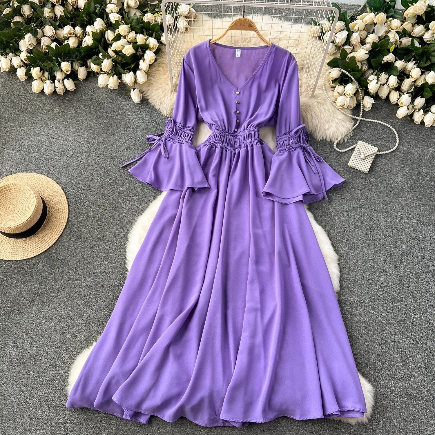 Elegant Pleated Maxi Dress for Women with V-Neck Flare Sleeves and Ruffled Details in Vibrant Purple Green or Red Perfect for Summer Occasions