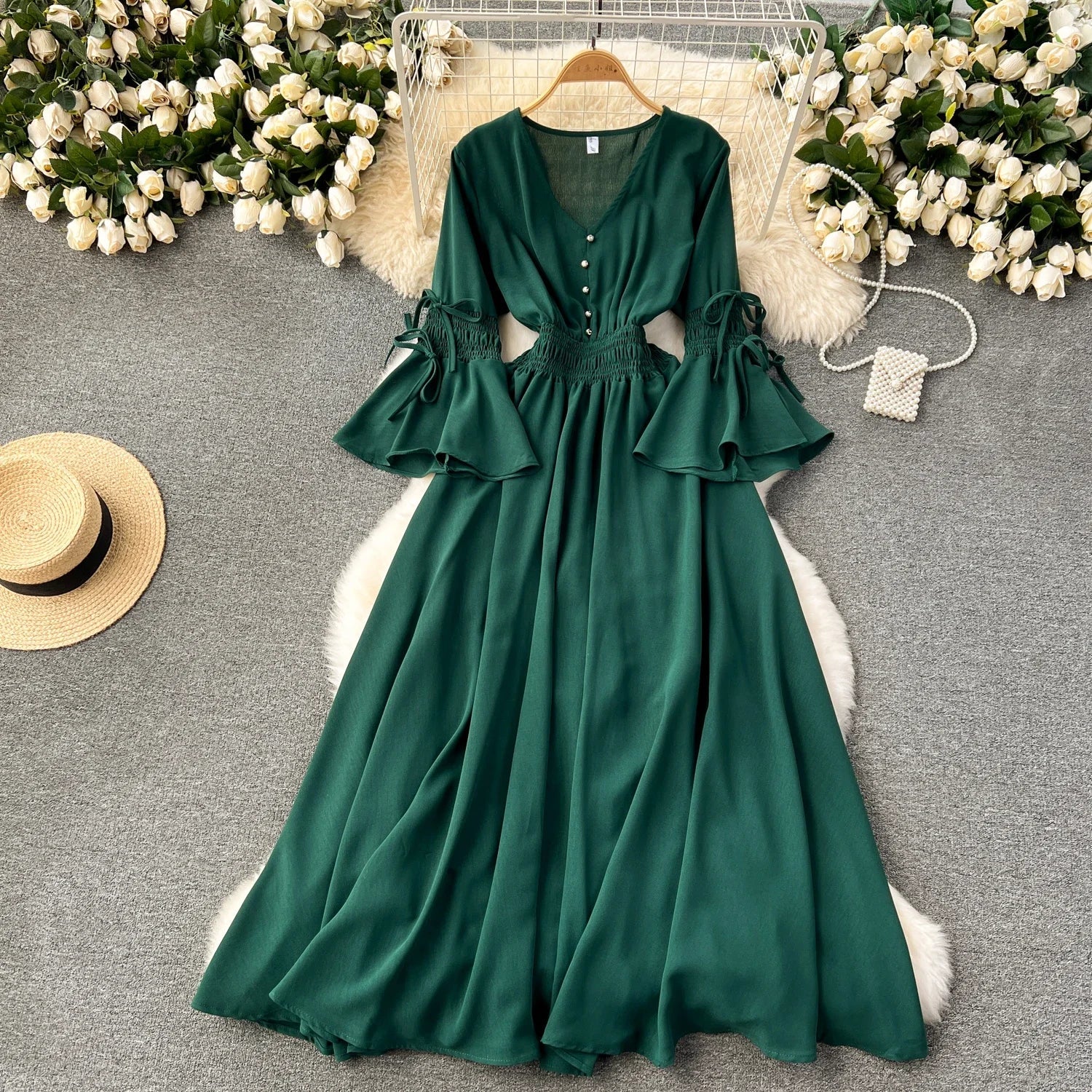 Elegant Pleated Maxi Dress for Women with V-Neck Flare Sleeves and Ruffled Details in Vibrant Purple Green or Red Perfect for Summer Occasions