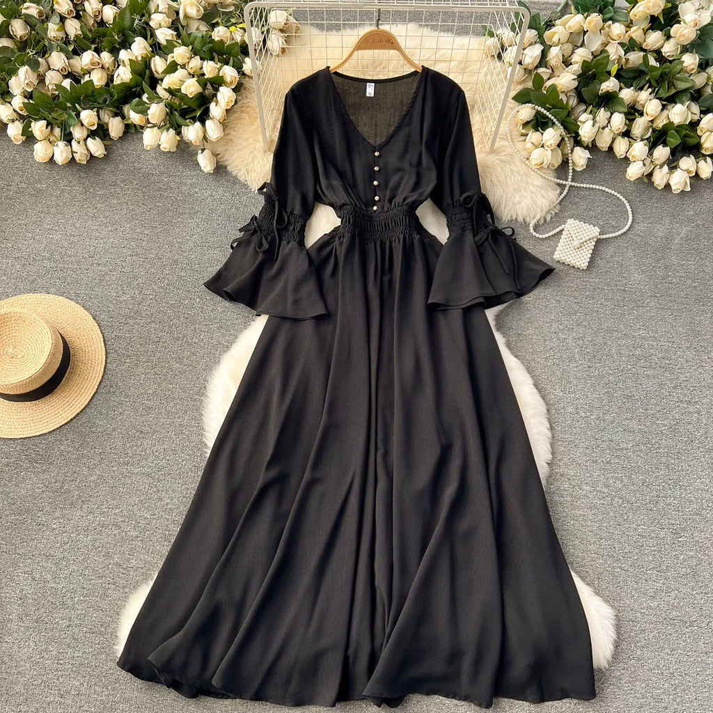 Elegant Pleated Maxi Dress for Women with V-Neck Flare Sleeves and Ruffled Details in Vibrant Purple Green or Red Perfect for Summer Occasions