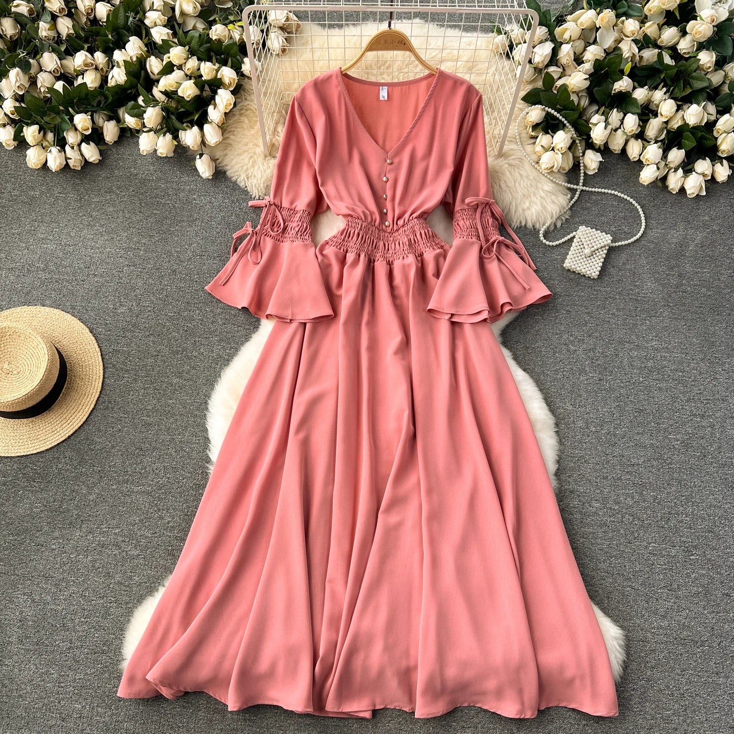 Elegant Pleated Maxi Dress for Women with V-Neck Flare Sleeves and Ruffled Details in Vibrant Purple Green or Red Perfect for Summer Occasions