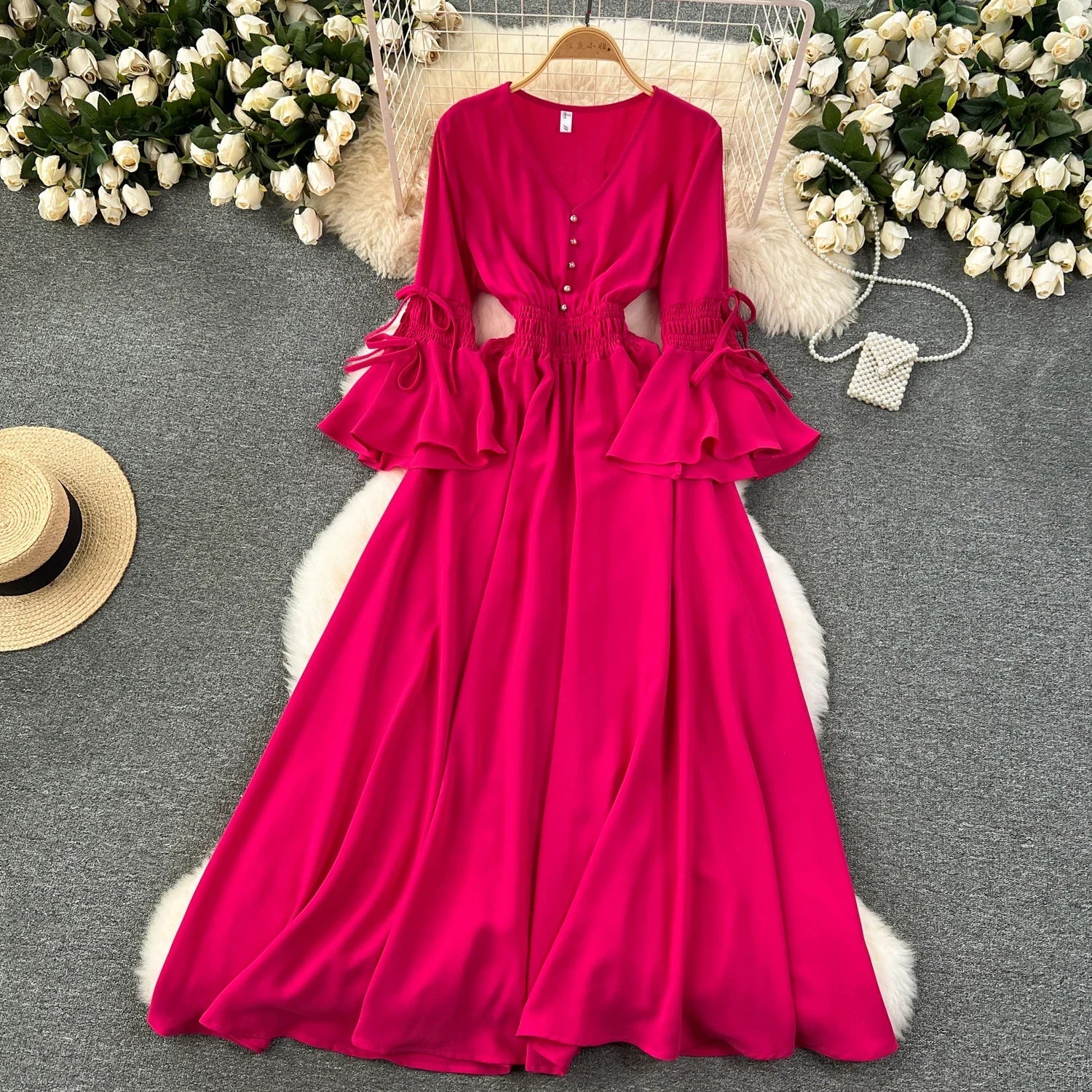 Elegant Pleated Maxi Dress for Women with V-Neck Flare Sleeves and Ruffled Details in Vibrant Purple Green or Red Perfect for Summer Occasions
