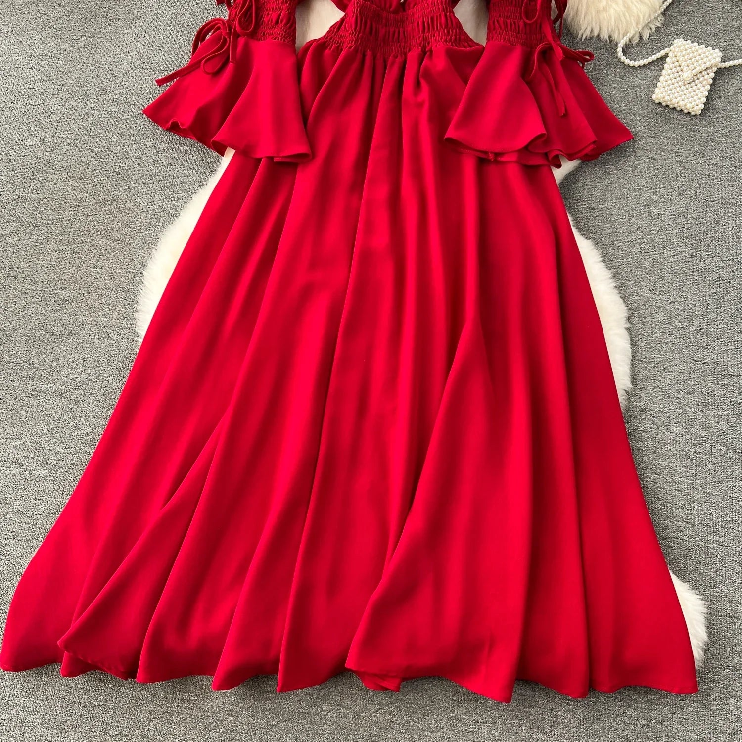 Elegant Pleated Maxi Dress for Women with V-Neck Flare Sleeves and Ruffled Details in Vibrant Purple Green or Red Perfect for Summer Occasions