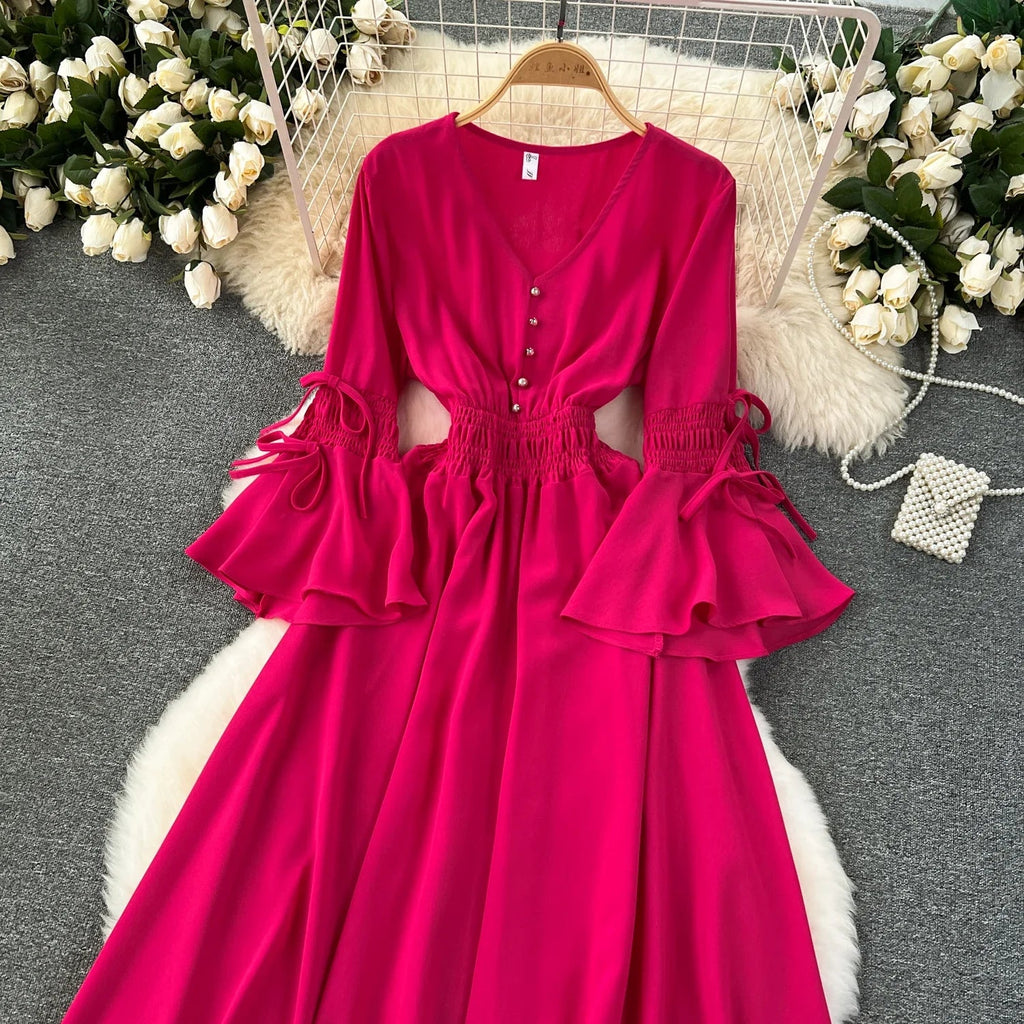 Elegant Pleated Maxi Dress for Women with V-Neck Flare Sleeves and Ruffled Details in Vibrant Purple Green or Red Perfect for Summer Occasions