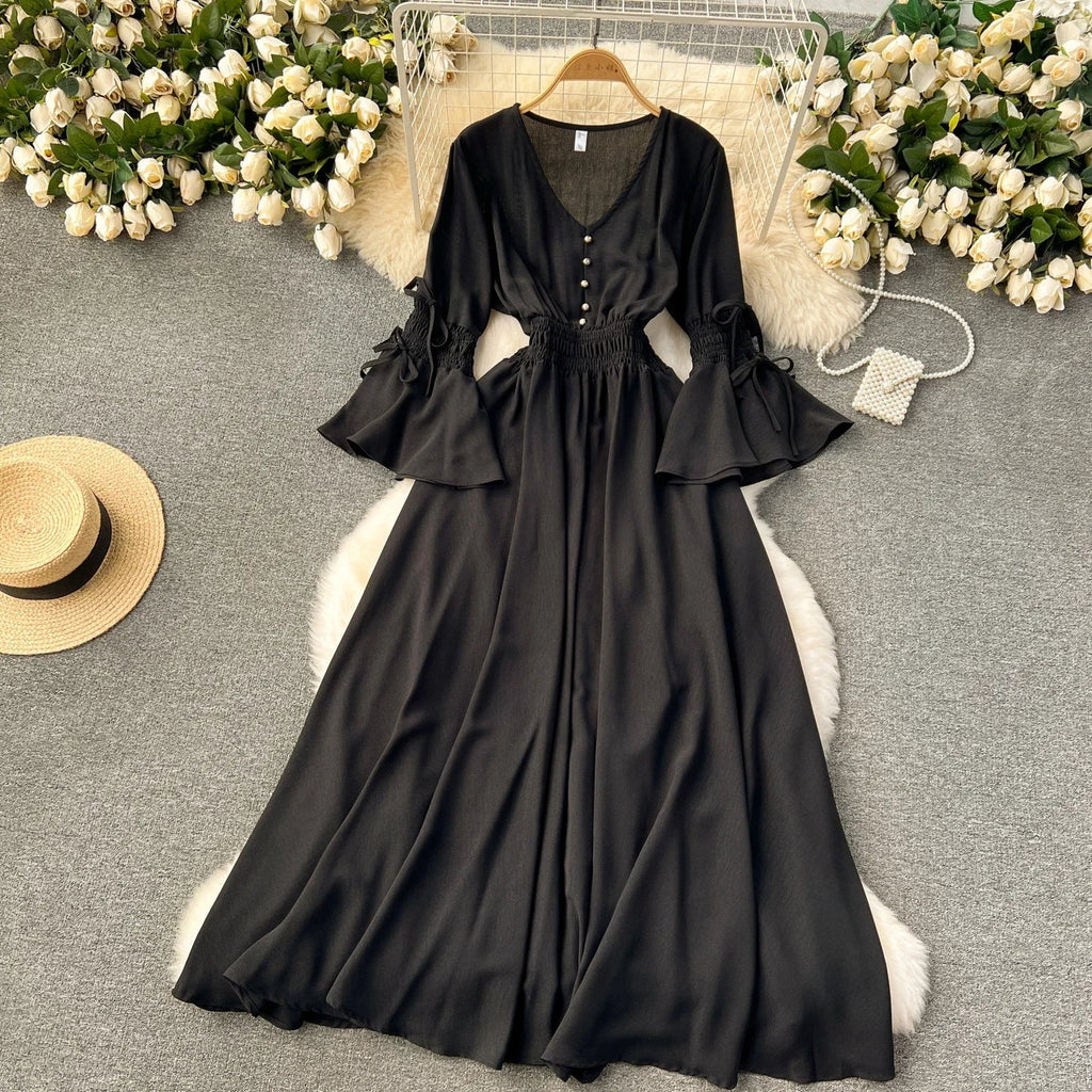 Elegant Pleated Maxi Dress for Women with V-Neck Flare Sleeves and Ruffled Details in Vibrant Purple Green or Red Perfect for Summer Occasions