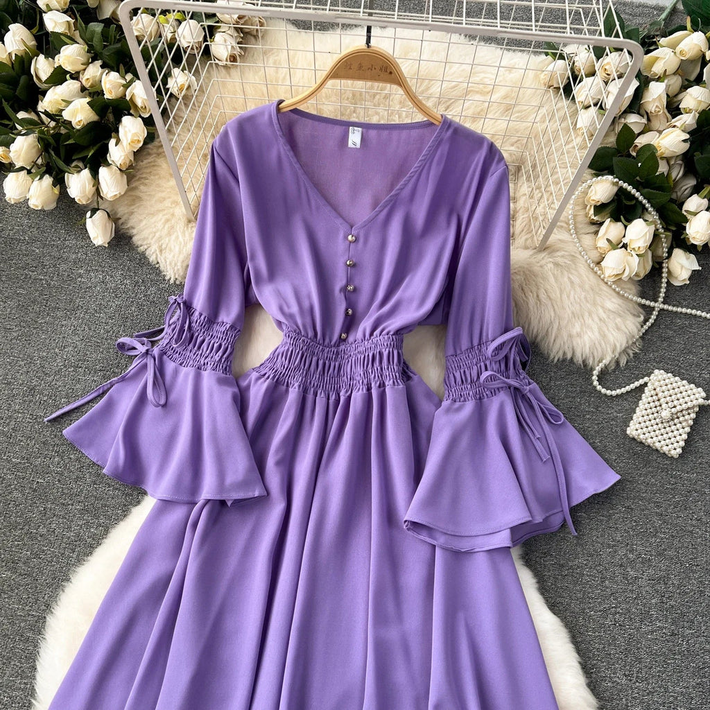 Elegant Pleated Maxi Dress for Women with V-Neck Flare Sleeves and Ruffled Details in Vibrant Purple Green or Red Perfect for Summer Occasions