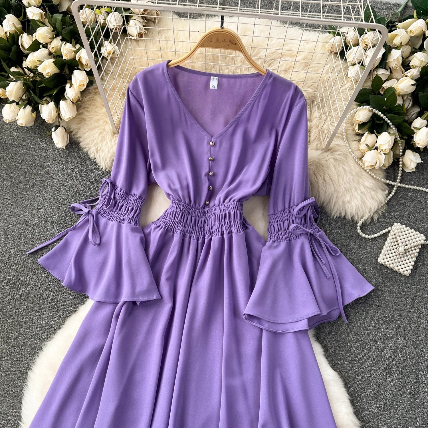 Elegant Pleated Maxi Dress for Women with V-Neck Flare Sleeves and Ruffled Details in Vibrant Purple Green or Red Perfect for Summer Occasions
