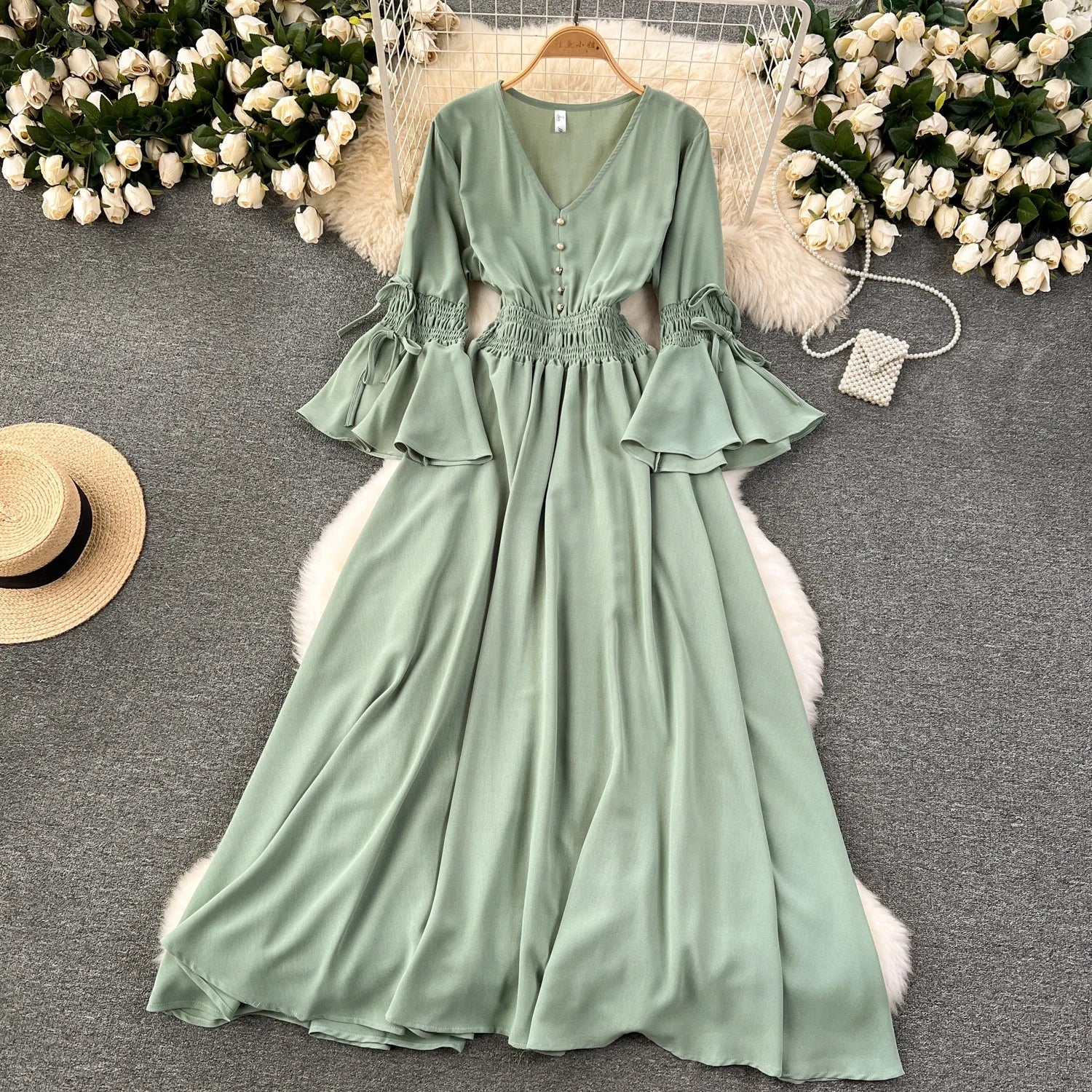 Elegant Pleated Maxi Dress for Women with V-Neck Flare Sleeves and Ruffled Details in Vibrant Purple Green or Red Perfect for Summer Occasions