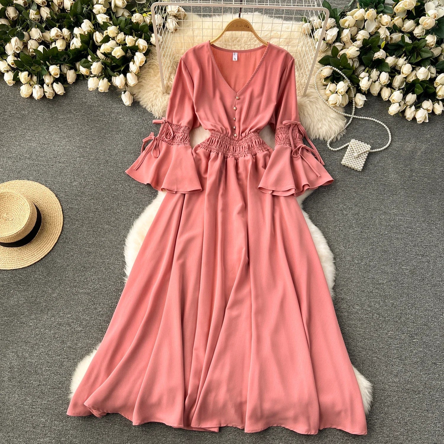 Elegant Pleated Maxi Dress for Women with V-Neck Flare Sleeves and Ruffled Details in Vibrant Purple Green or Red Perfect for Summer Occasions