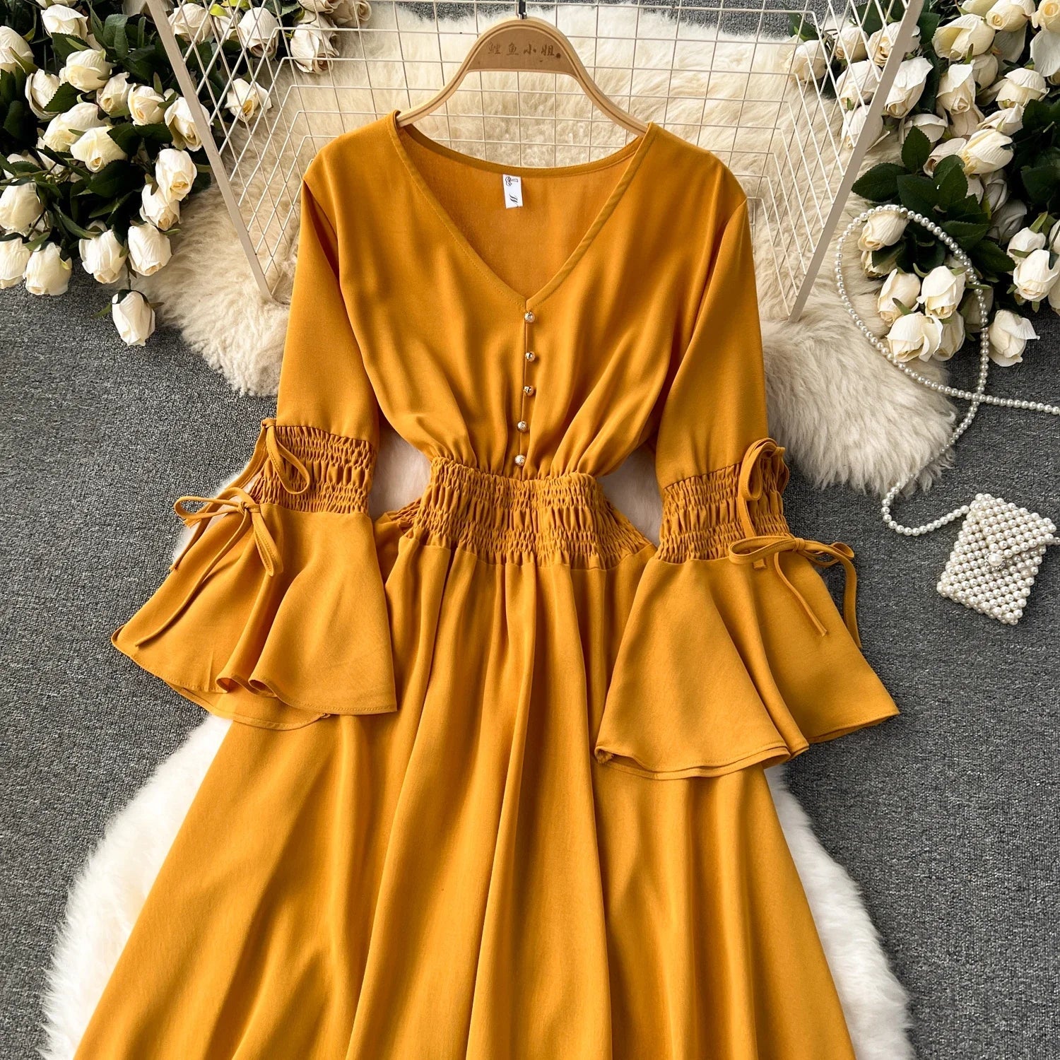 Elegant Pleated Maxi Dress for Women with V-Neck Flare Sleeves and Ruffled Details in Vibrant Purple Green or Red Perfect for Summer Occasions