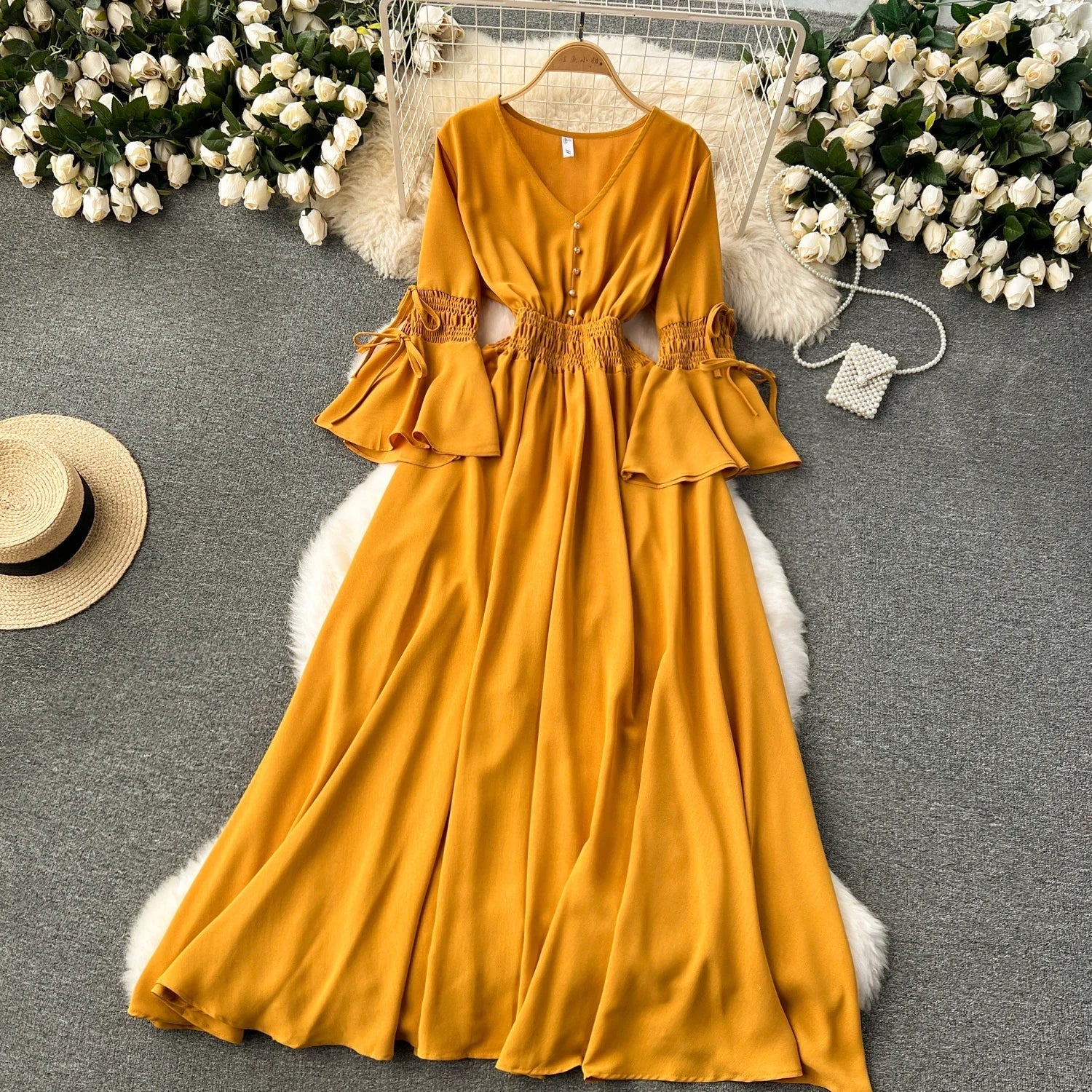 Elegant Pleated Maxi Dress for Women with V-Neck Flare Sleeves and Ruffled Details in Vibrant Purple Green or Red Perfect for Summer Occasions