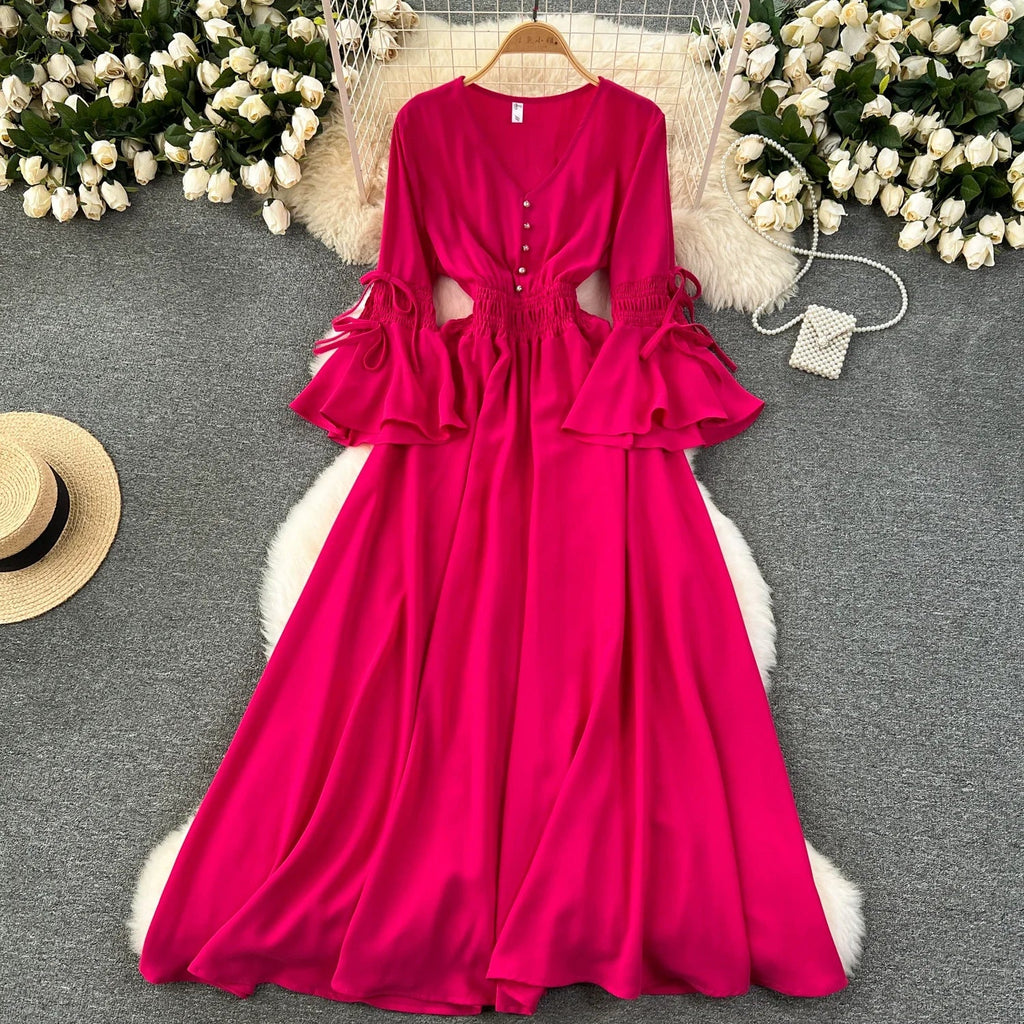 Elegant Pleated Maxi Dress for Women with V-Neck Flare Sleeves and Ruffled Details in Vibrant Purple Green or Red Perfect for Summer Occasions