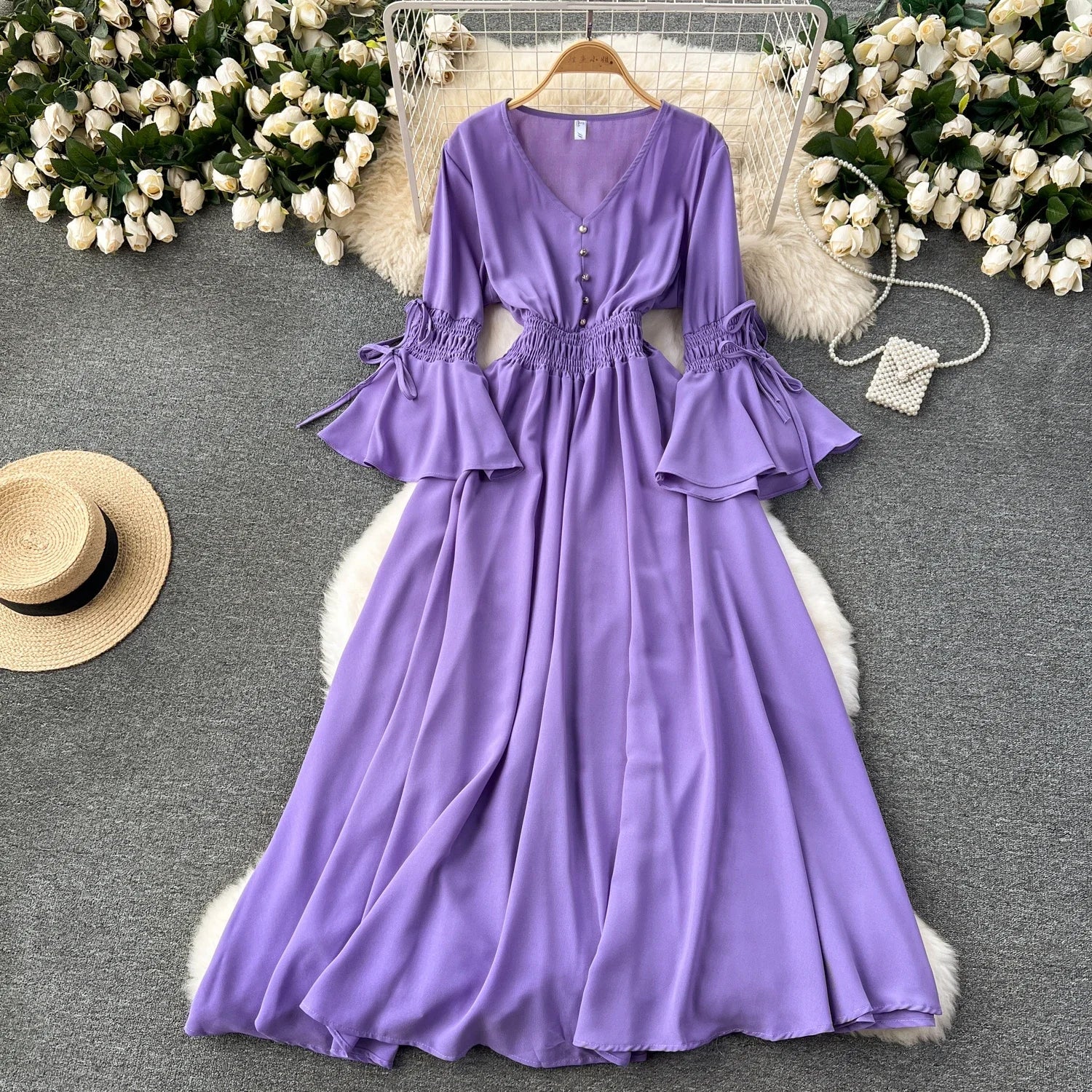 Elegant Pleated Maxi Dress for Women with V-Neck Flare Sleeves and Ruffled Details in Vibrant Purple Green or Red Perfect for Summer Occasions