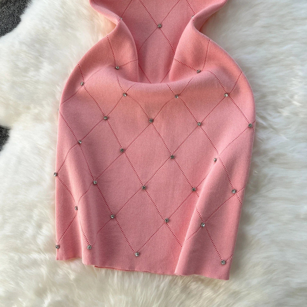 Beading Summer Women's Knitting Sheath Tank Dress Bodycon Sleeveless Mini Camisole Outfits