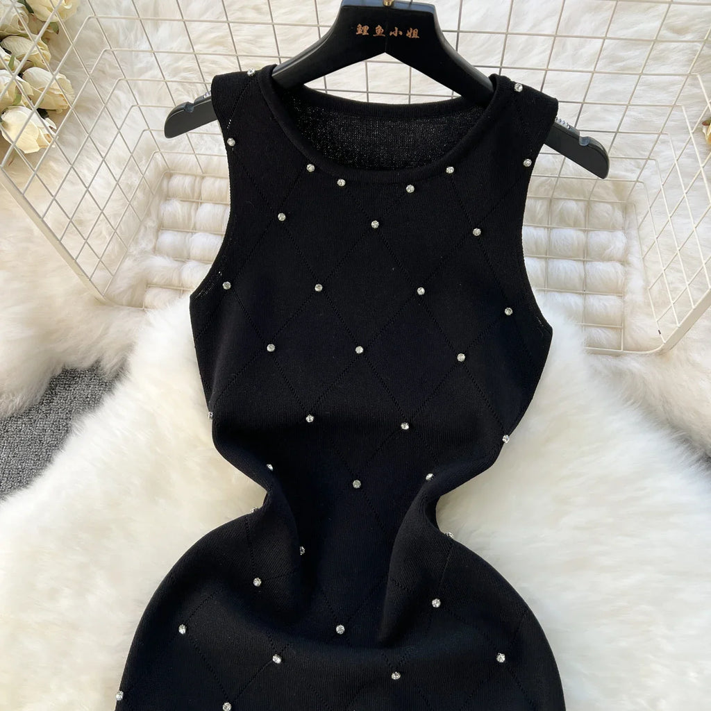 Beading Summer Women's Knitting Sheath Tank Dress Bodycon Sleeveless Mini Camisole Outfits