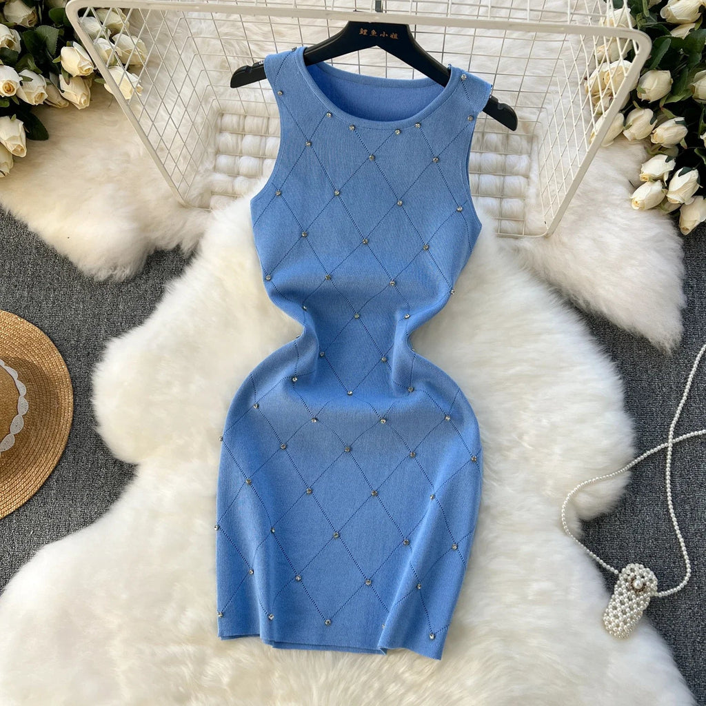 Beading Summer Women's Knitting Sheath Tank Dress Bodycon Sleeveless Mini Camisole Outfits