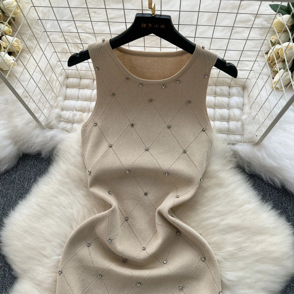 Beading Summer Women's Knitting Sheath Tank Dress Bodycon Sleeveless Mini Camisole Outfits