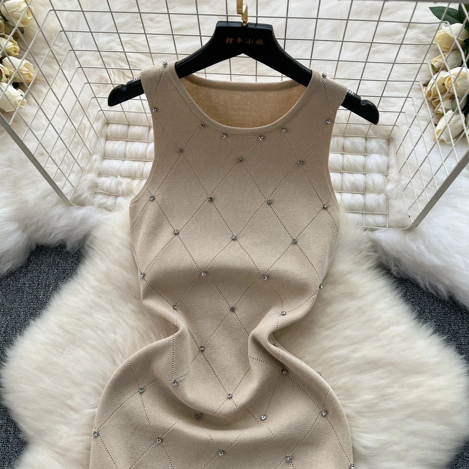 Beading Summer Women's Knitting Sheath Tank Dress Bodycon Sleeveless Mini Camisole Outfits