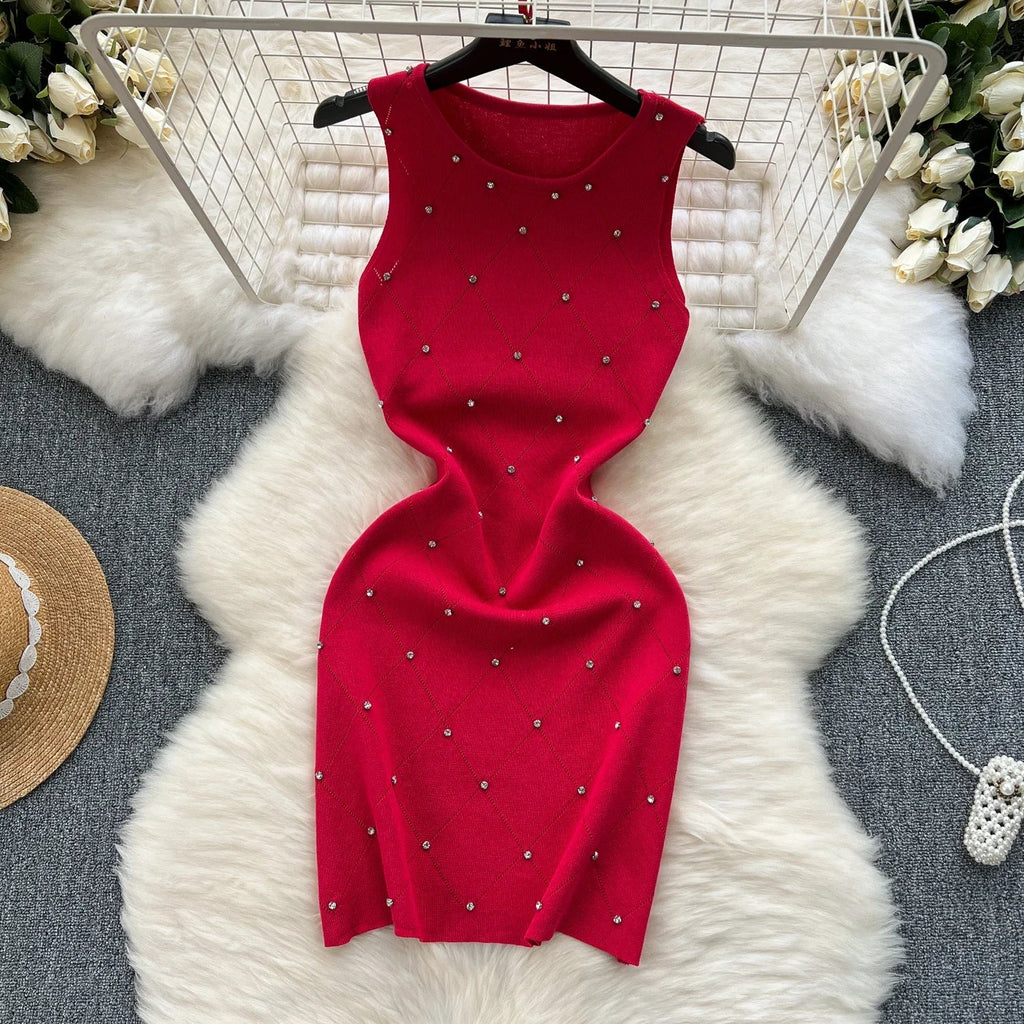 Beading Summer Women's Knitting Sheath Tank Dress Bodycon Sleeveless Mini Camisole Outfits