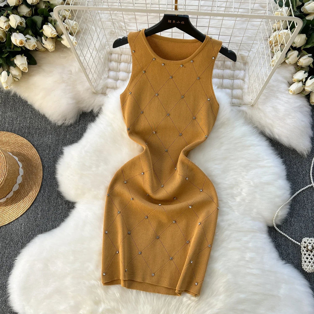 Beading Summer Women's Knitting Sheath Tank Dress Bodycon Sleeveless Mini Camisole Outfits