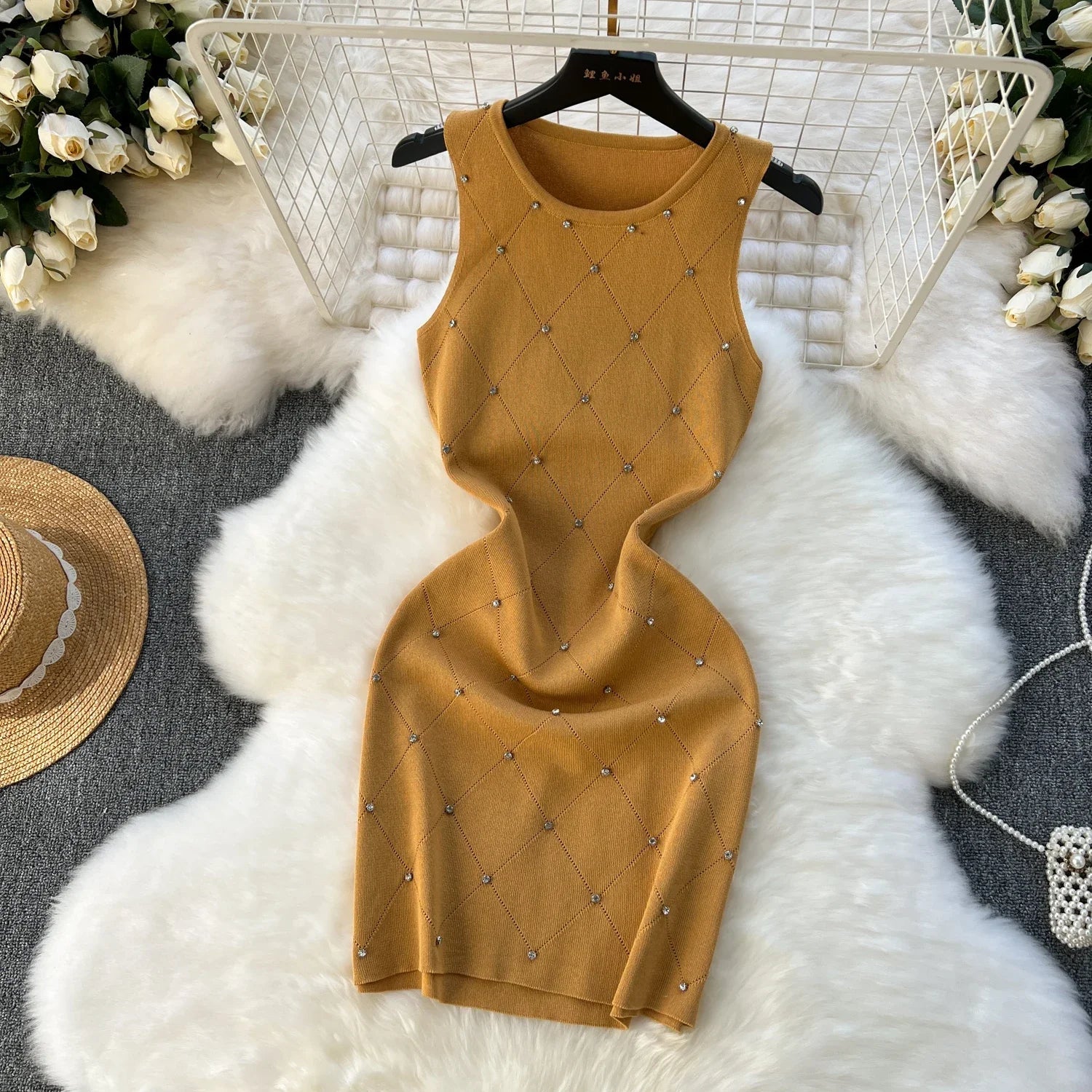 Beading Summer Women's Knitting Sheath Tank Dress Bodycon Sleeveless Mini Camisole Outfits