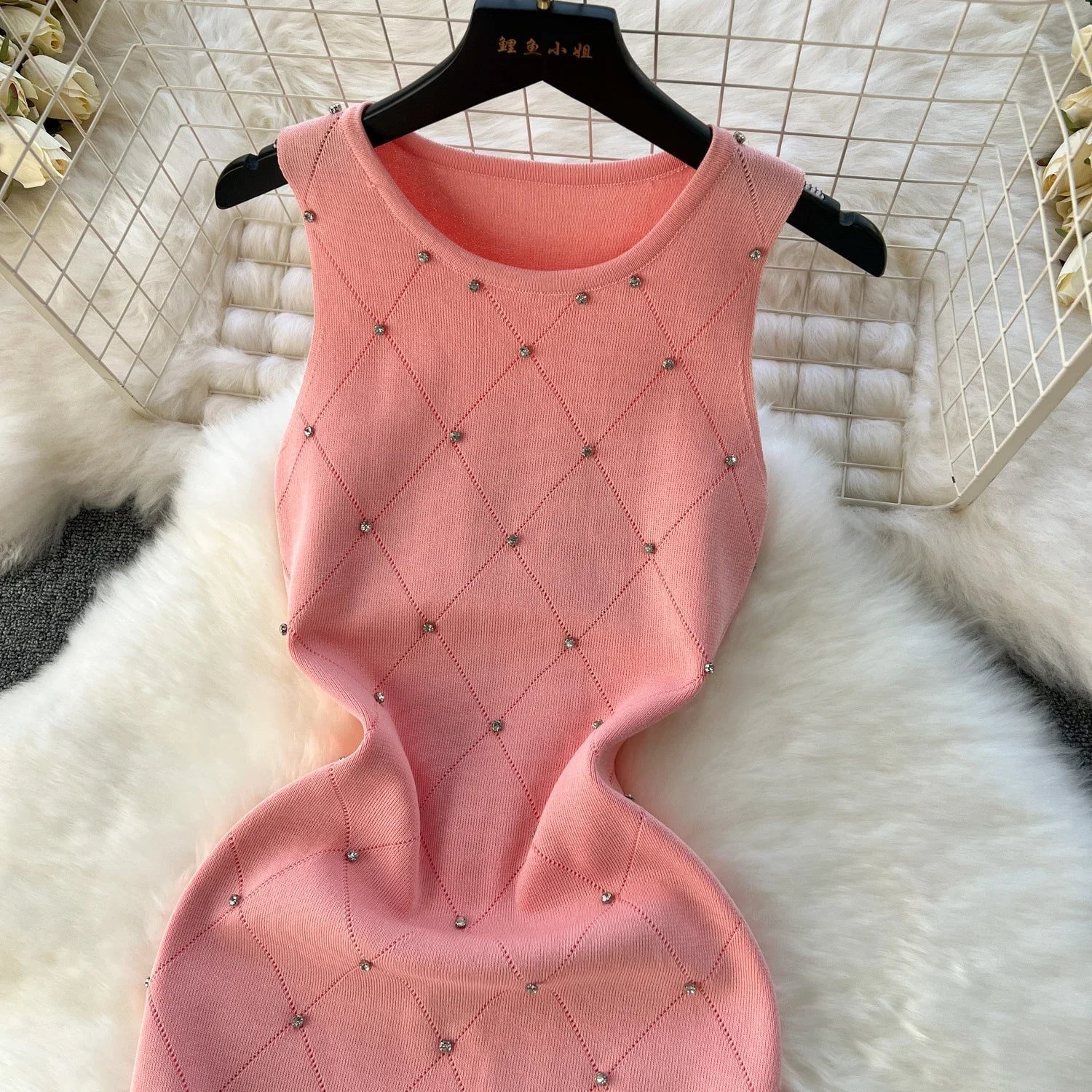 Beading Summer Women's Knitting Sheath Tank Dress Bodycon Sleeveless Mini Camisole Outfits