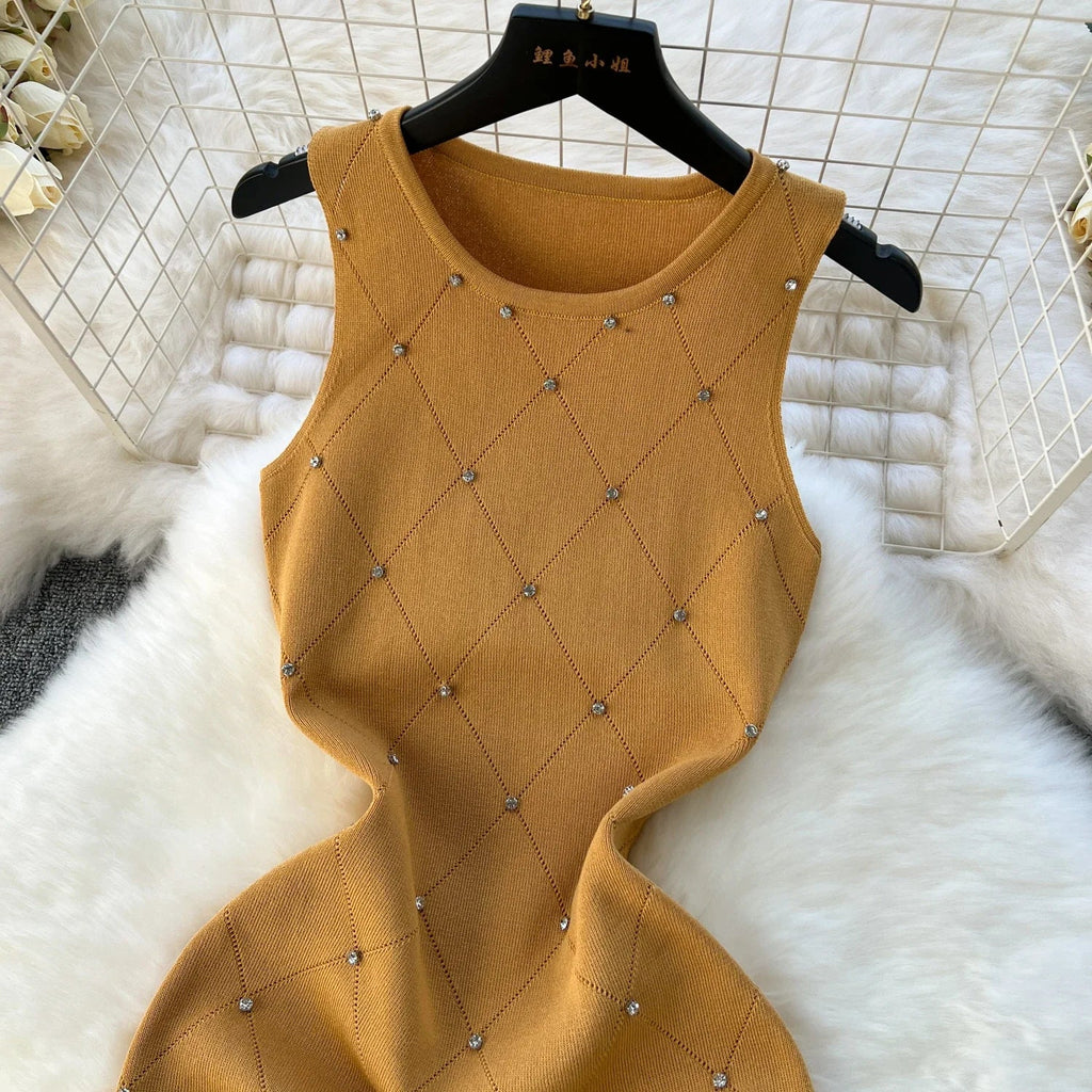 Beading Summer Women's Knitting Sheath Tank Dress Bodycon Sleeveless Mini Camisole Outfits