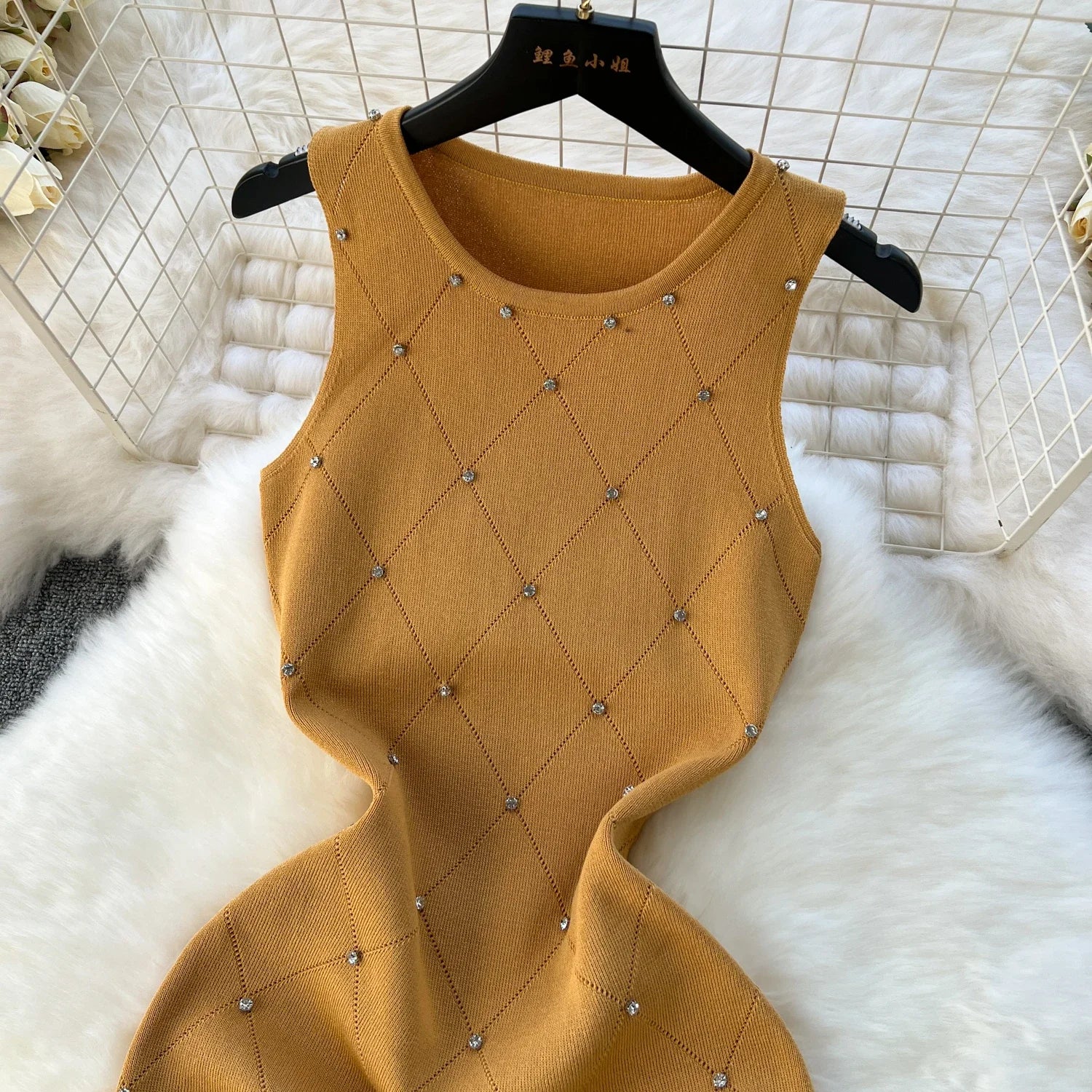 Beading Summer Women's Knitting Sheath Tank Dress Bodycon Sleeveless Mini Camisole Outfits