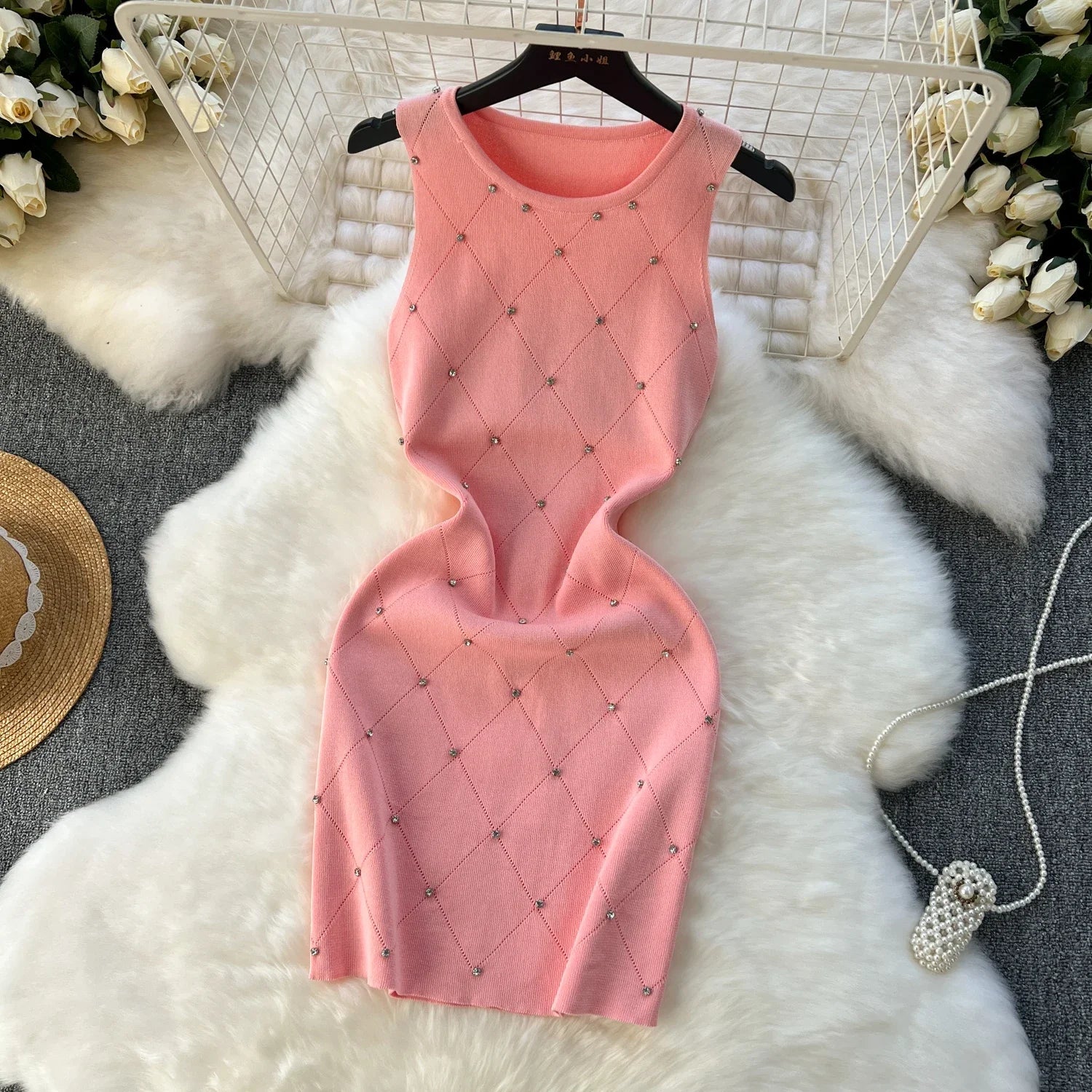 Beading Summer Women's Knitting Sheath Tank Dress Bodycon Sleeveless Mini Camisole Outfits