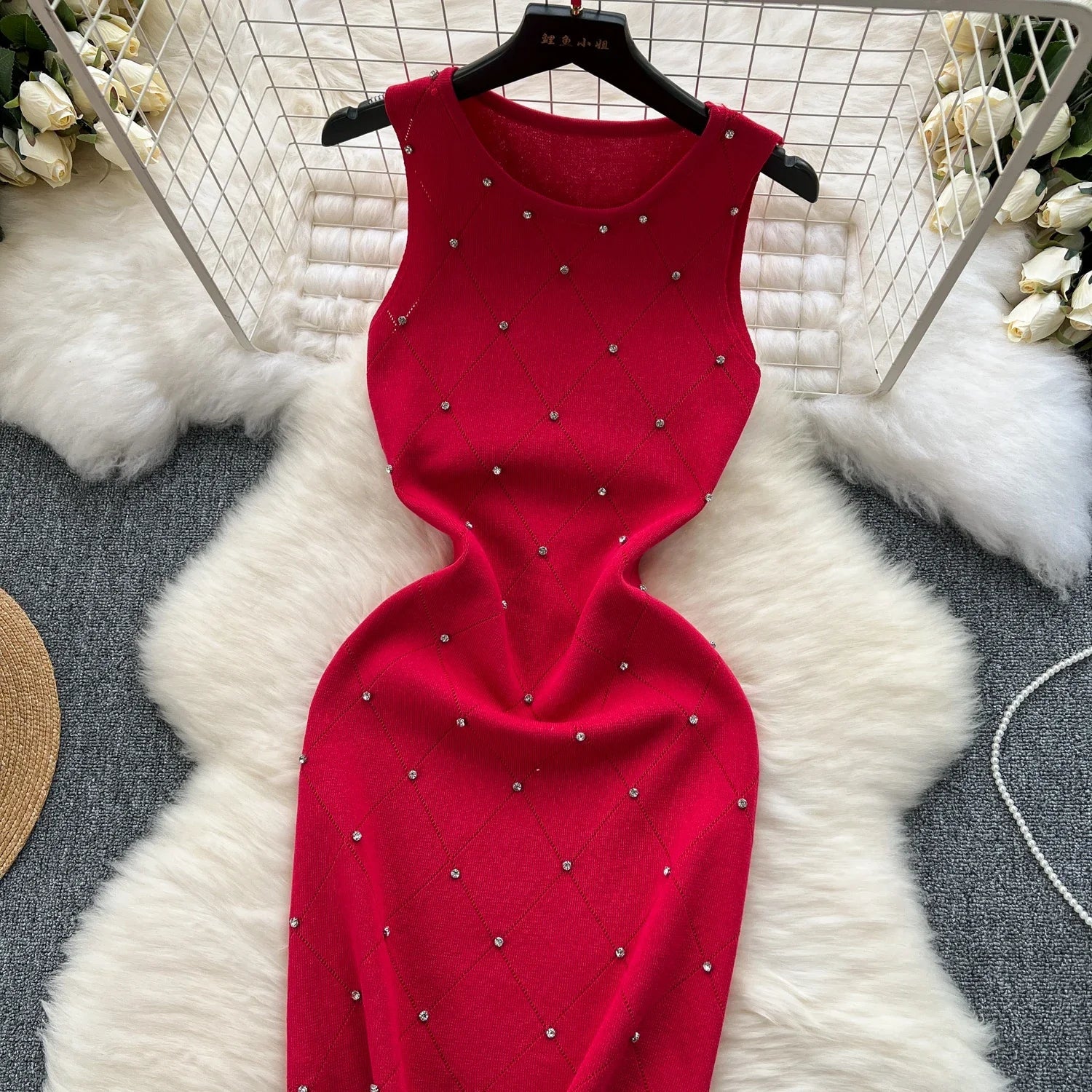 Beading Summer Women's Knitting Sheath Tank Dress Bodycon Sleeveless Mini Camisole Outfits