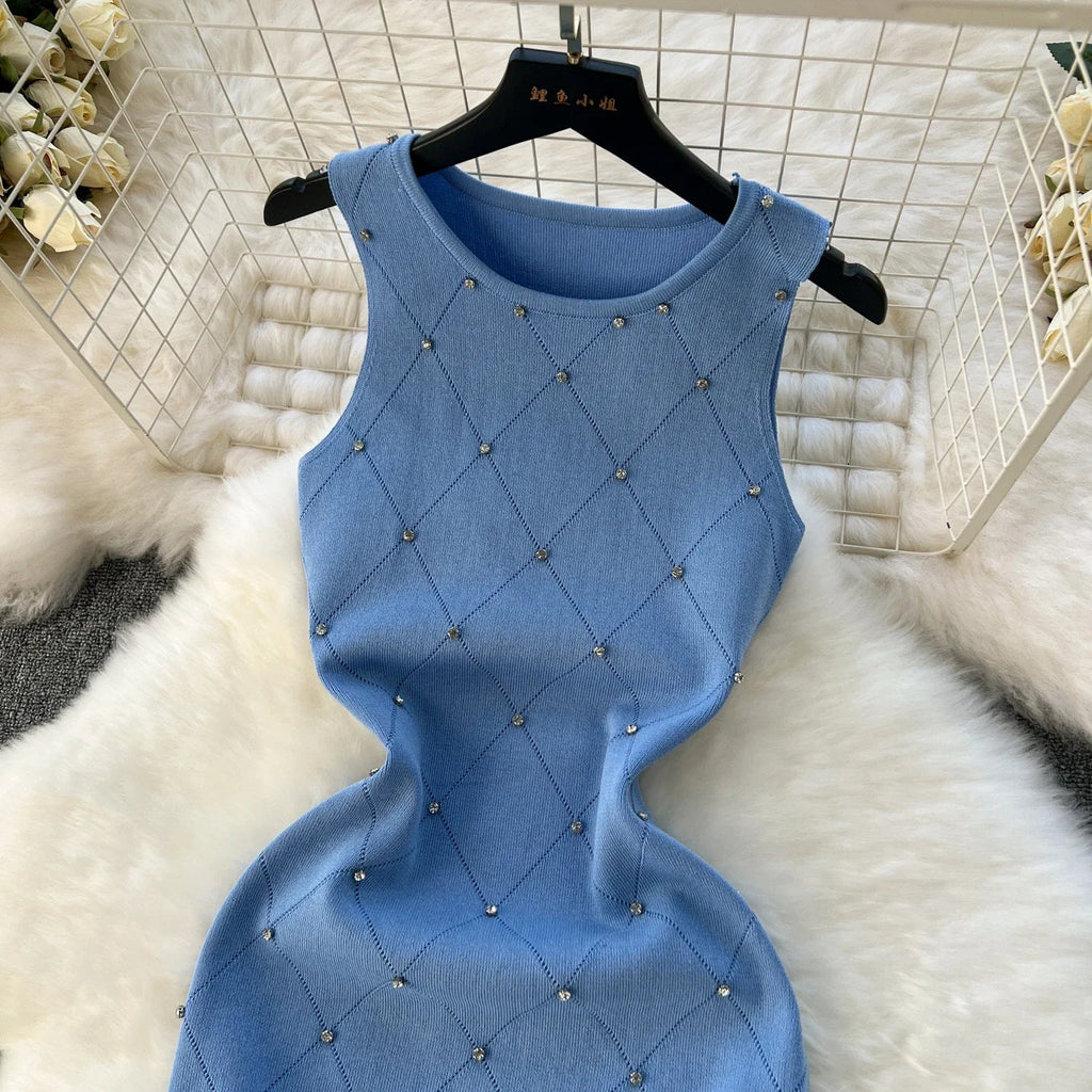 Beading Summer Women's Knitting Sheath Tank Dress Bodycon Sleeveless Mini Camisole Outfits