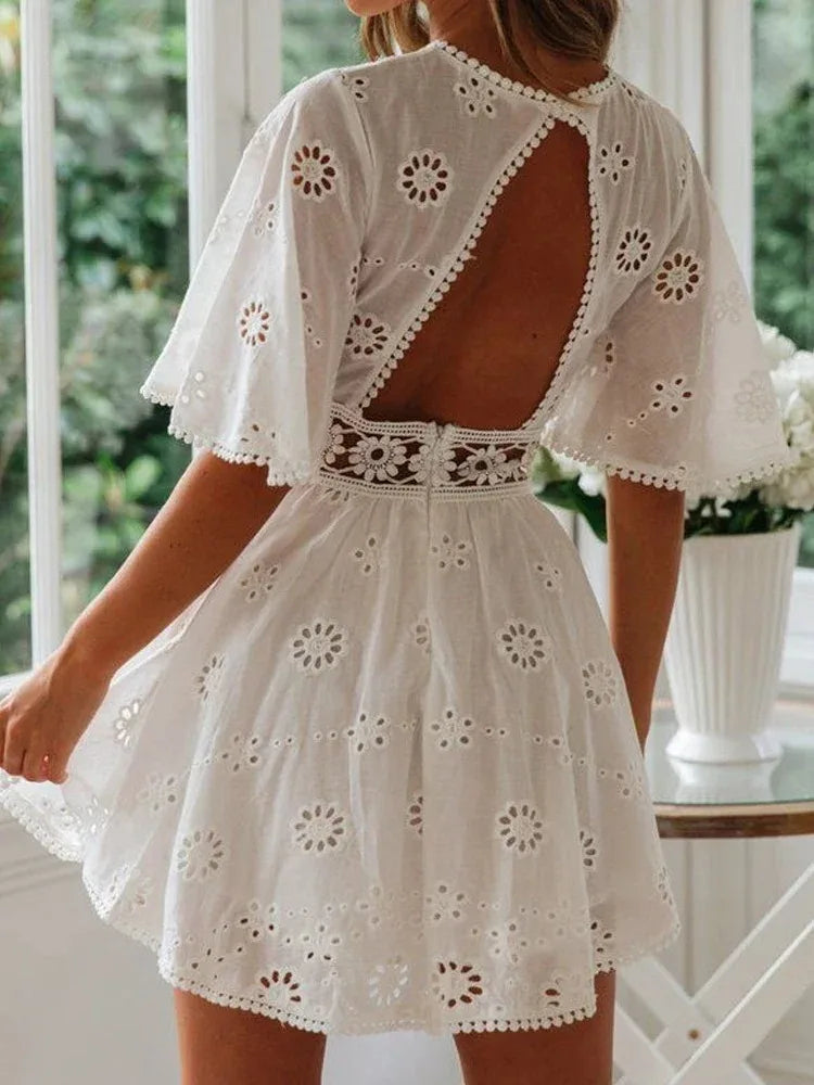 Women's White Hollow Out Backless Mini Dress with Floral Embroidery, Cotton Party Dress, Casual Fashion, Elegant and Sexy Design