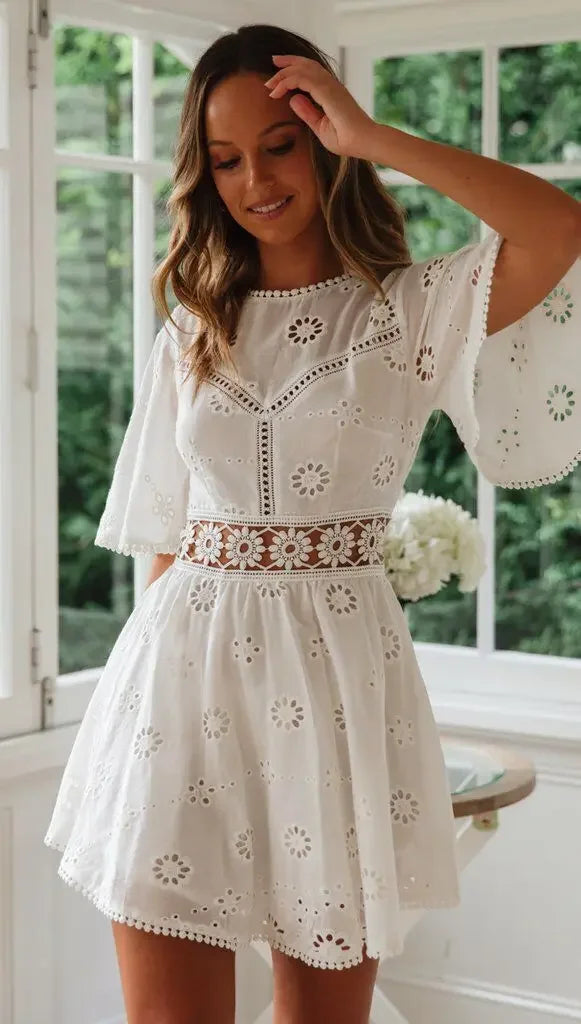 Women's White Hollow Out Backless Mini Dress with Floral Embroidery, Cotton Party Dress, Casual Fashion, Elegant and Sexy Design