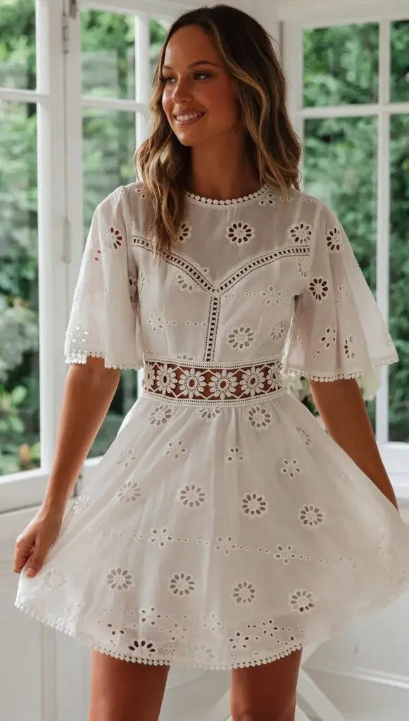 Women's White Hollow Out Backless Mini Dress with Floral Embroidery, Cotton Party Dress, Casual Fashion, Elegant and Sexy Design
