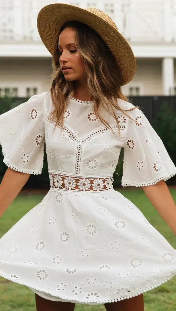 Women's White Hollow Out Backless Mini Dress with Floral Embroidery, Cotton Party Dress, Casual Fashion, Elegant and Sexy Design