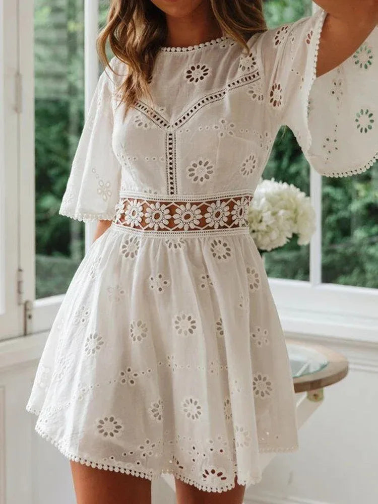 Women's White Hollow Out Backless Mini Dress with Floral Embroidery, Cotton Party Dress, Casual Fashion, Elegant and Sexy Design