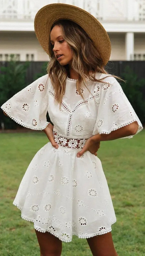 Women's White Hollow Out Backless Mini Dress with Floral Embroidery, Cotton Party Dress, Casual Fashion, Elegant and Sexy Design
