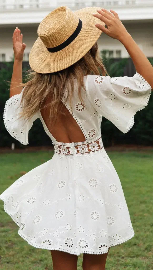 Women's White Hollow Out Backless Mini Dress with Floral Embroidery, Cotton Party Dress, Casual Fashion, Elegant and Sexy Design