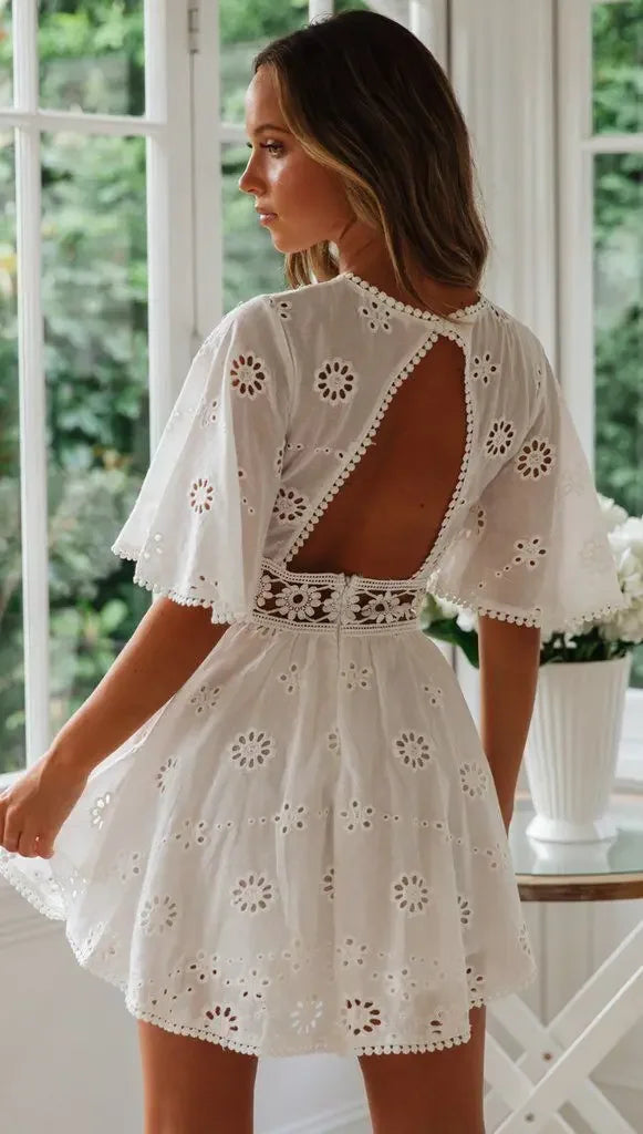 Women's White Hollow Out Backless Mini Dress with Floral Embroidery, Cotton Party Dress, Casual Fashion, Elegant and Sexy Design