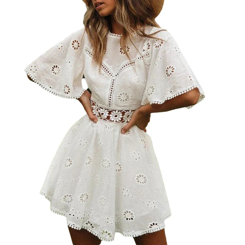 Women's White Hollow Out Backless Mini Dress with Floral Embroidery, Cotton Party Dress, Casual Fashion, Elegant and Sexy Design