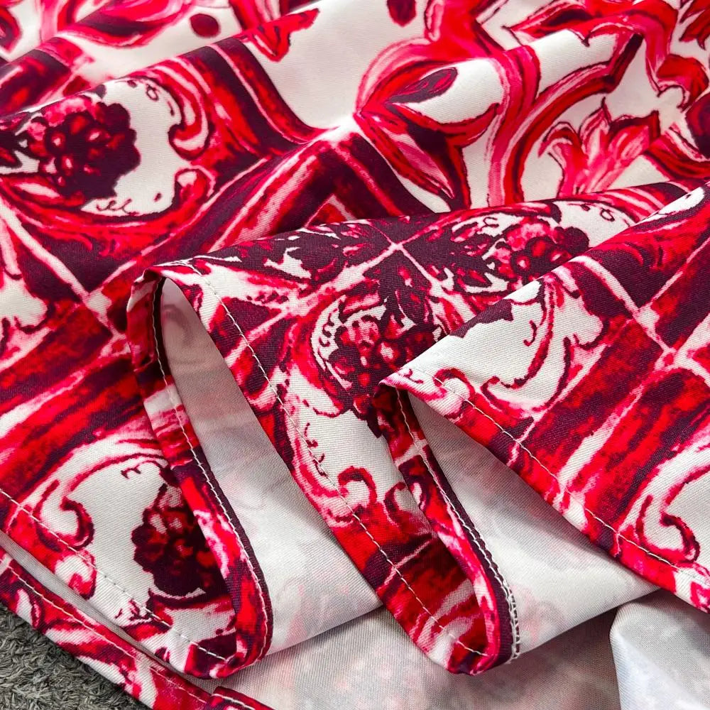 Summer Red Blue and White Porcelain Print Two Piece Set Women Spaghetti Strap Crop Top and Maxi Skirt Beachwear Ensemble