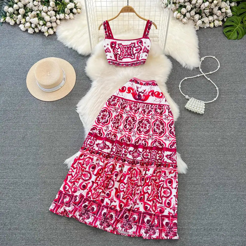 Summer Red Blue and White Porcelain Print Two Piece Set Women Spaghetti Strap Crop Top and Maxi Skirt Beachwear Ensemble