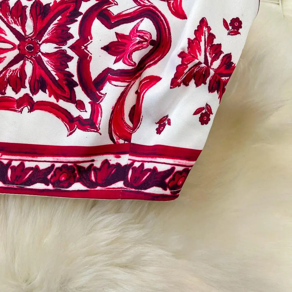 Summer Red Blue and White Porcelain Print Two Piece Set Women Spaghetti Strap Crop Top and Maxi Skirt Beachwear Ensemble