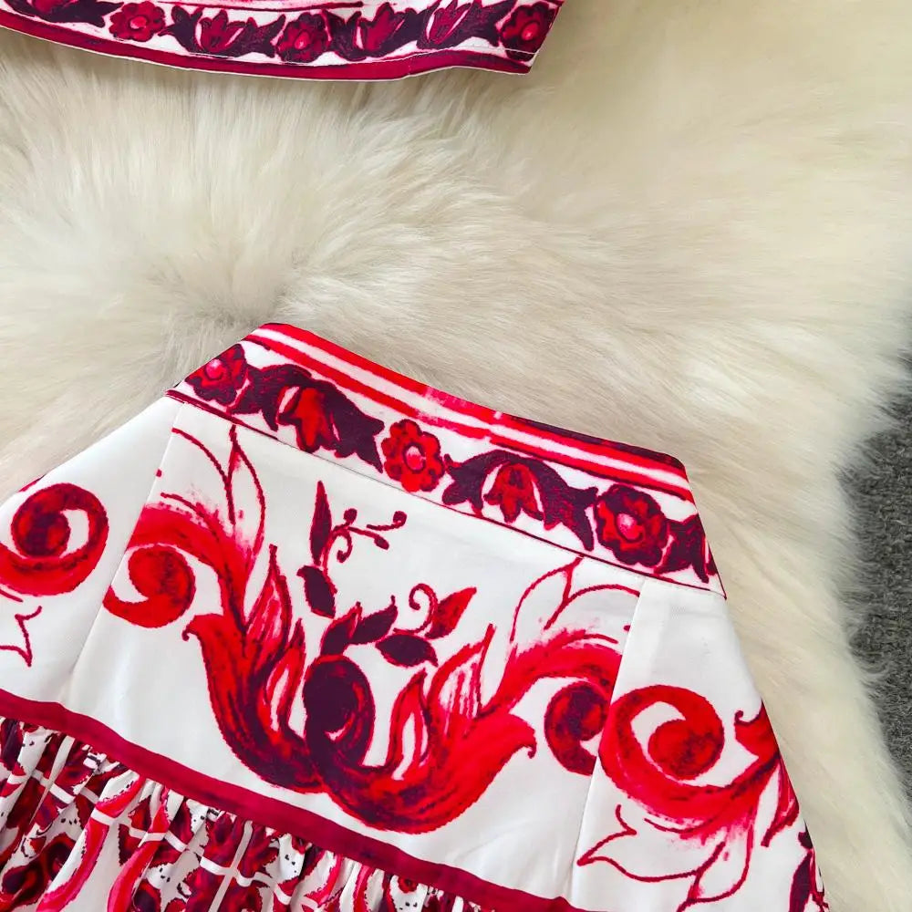 Summer Red Blue and White Porcelain Print Two Piece Set Women Spaghetti Strap Crop Top and Maxi Skirt Beachwear Ensemble
